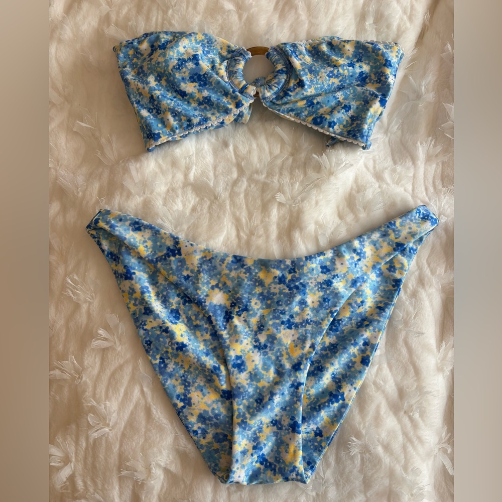 Kulani Kinis Blue and Yellow Floral Ring-Front Bandeau Bikini